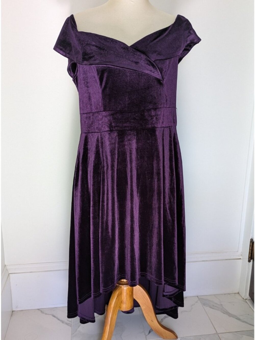 Jasambac Dress 2XL Purple Velvet Formal Party Cocktail Off Shoulder Hi-Low Hem
